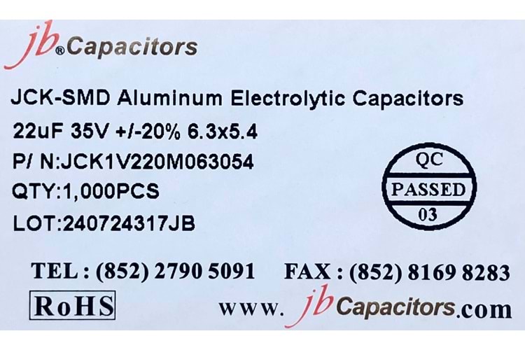 JCK1V220M063054 - 22uF 35V +/-20% 6.3*5.4mm 105' T/R RoHS SMD Aluminum Electrolytic Capacitors
