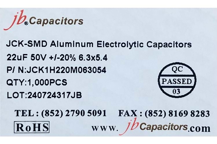 JCK1H220M063054 - 22uF 50V +/-20% 6.3*5.4mm 105' T/R RoHS SMD Aluminum Electrolytic Capacitors