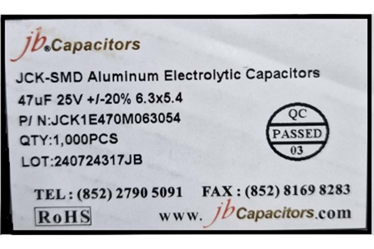 JCK1E470M063054 - 47uF 25V +/-20% 6.3*5.4mm 105' T/R RoHS SMD Aluminum Electrolytic Capacitors