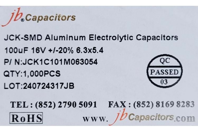 JCK1C101M063054 - 100uF 16V +/-20% 6.3*5.4mm 105' T/R RoHS SMD Aluminum Electrolytic Capacitors