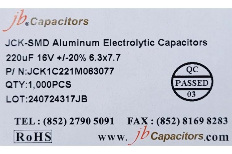 JCK1C221M063077 - 220uF 16V +/-20% 6.3*7.7mm 105' T/R RoHS SMD Aluminum Electrolytic Capacitors
