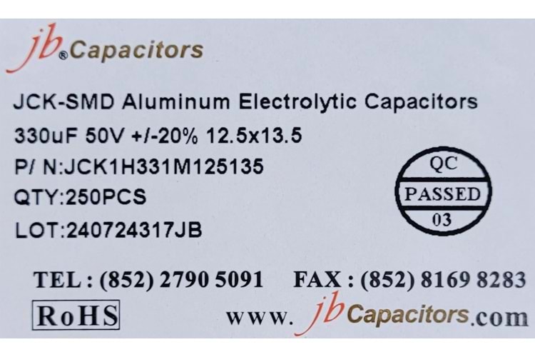JCK1H331M125135 - 330uF 50V +/-20% 12.5*13.5mm 105' T/R RoHS SMD Aluminum Electrolytic Capacitors