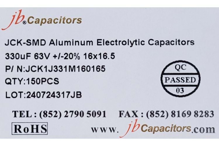 JCK1J331M160165 - 330uF 63V +/-20% 16*16.5mm 105' T/R RoHS SMD Aluminum Electrolytic Capacitors