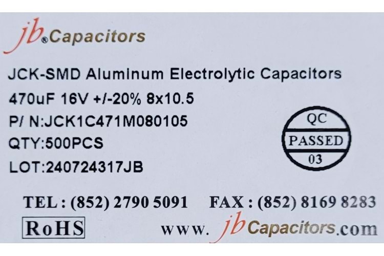 JCK1C471M080105 - 470uF 16V +/-20% 8*10.5mm 105' T/R RoHS SMD Aluminum Electrolytic Capacitors