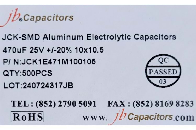 JCK1E471M100105 - 470uF 25V +/-20% 10*10.5mm 105' T/R RoHS SMD Aluminum Electrolytic Capacitors