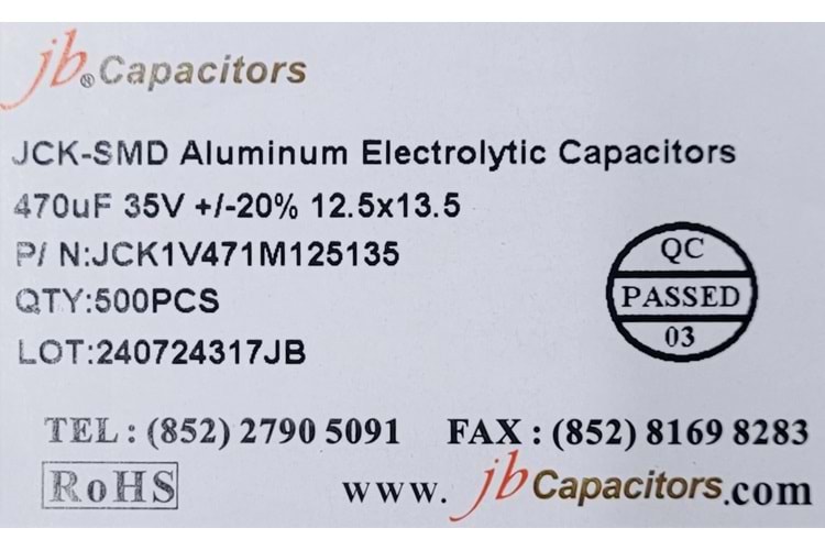 JCK1V471M125135 - 470uF 35V +/-20% 12.5*13.5mm 105' T/R RoHS SMD Aluminum Electrolytic Capacitors