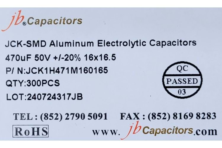 JCK1H471M160165 - 470uF 50V +/-20% 16*16.5mm 105' T/R RoHS SMD Aluminum Electrolytic Capacitors
