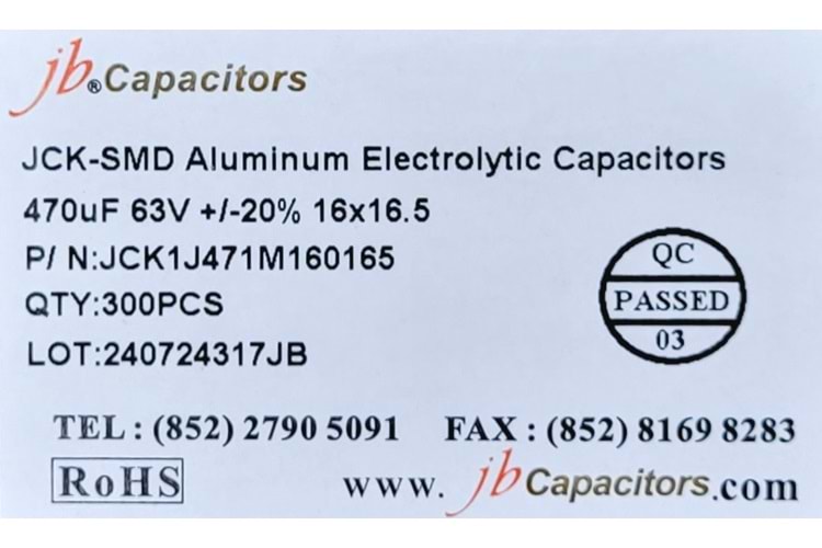 JCK1J471M160165 - 470uF 63V +/-20% 16*16.5mm 105' T/R RoHS SMD Aluminum Electrolytic Capacitors
