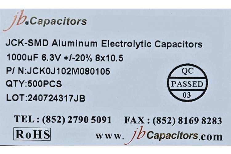 JCK0J102M080105 - 1000uF 6.3V +/-20% 8*10.5mm 105' T/R RoHS SMD Aluminum Electrolytic Capacitors