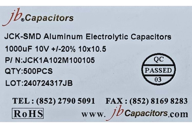 JCK1A102M100105 - 1000uF 10V +/-20% 10*10.5mm 105' T/R RoHS SMD Aluminum Electrolytic Capacitors