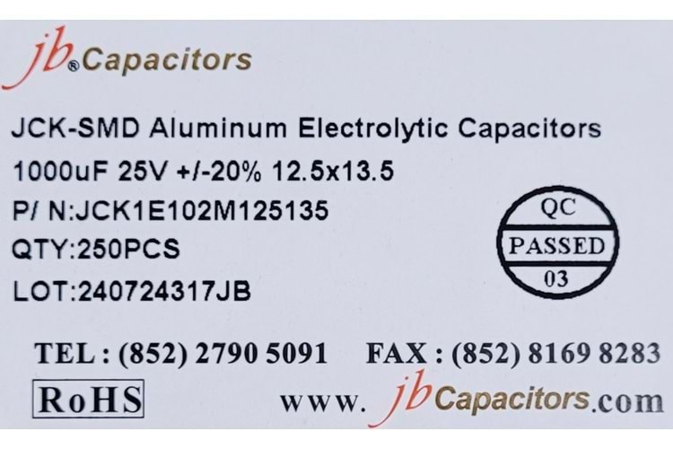 JCK1E102M125135 - 1000uF 25V +/-20% 12.5*13.5mm 105' T/R RoHS SMD Aluminum Electrolytic Capacitors