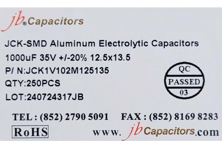 JCK1V102M125135 - 1000uF 35V +/-20% 12.5*13.5mm 105' T/R RoHS SMD Aluminum Electrolytic Capacitors