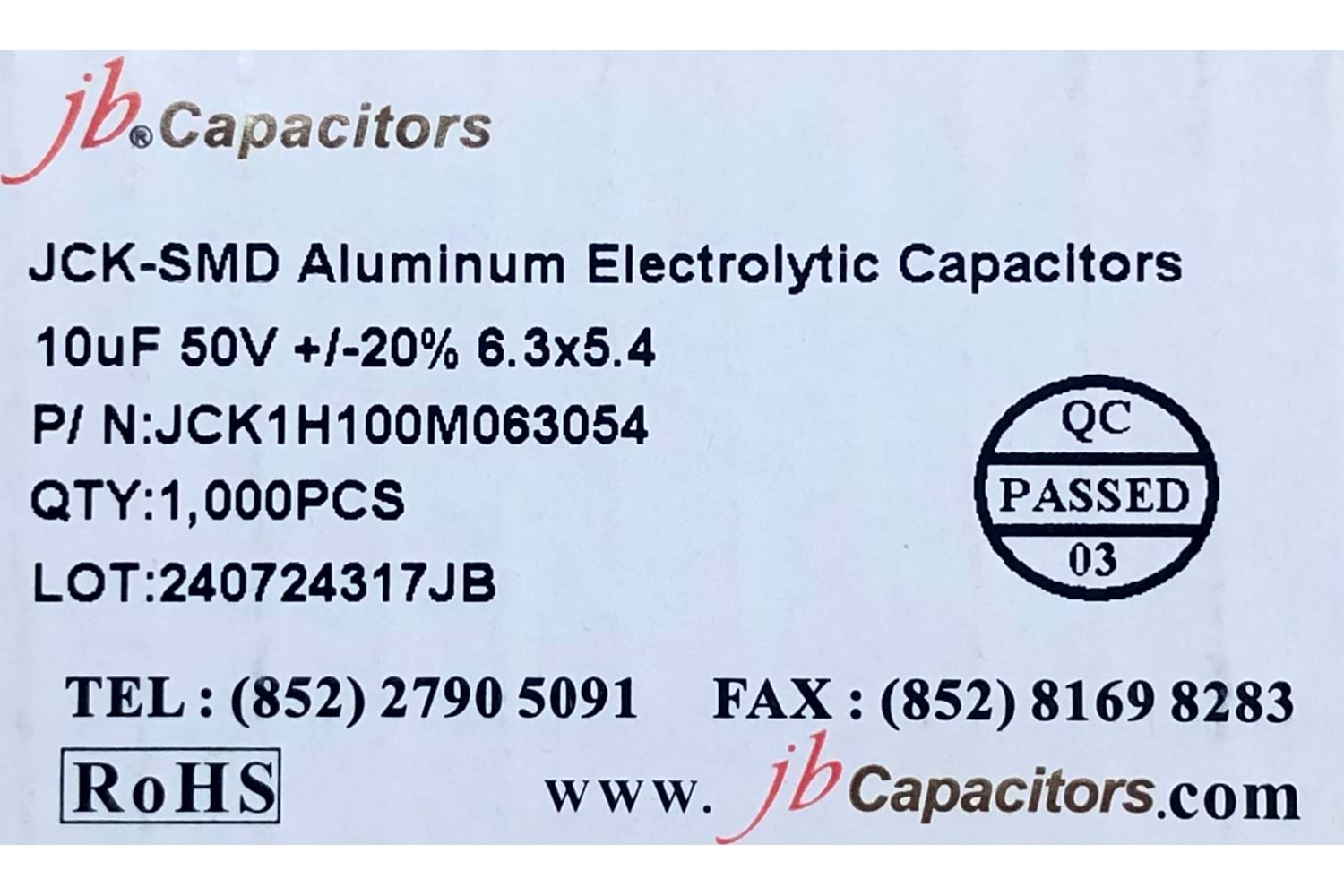 JCK1H100M063054 - 10uF 50V +/-20% 6.3*5.4mm 105' T/R RoHS SMD Aluminum Electrolytic Capacitors