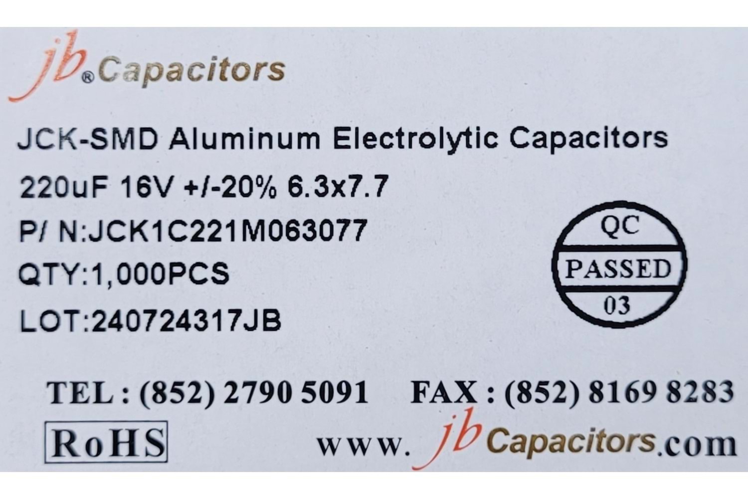 JCK1C221M063077 - 220uF 16V +/-20% 6.3*7.7mm 105' T/R RoHS SMD Aluminum Electrolytic Capacitors