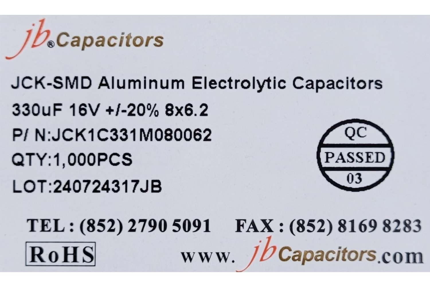JCK1C331M080062 - 330uF 16V +/-20% 8*6.2mm 105' T/R RoHS SMD Aluminum Electrolytic Capacitors