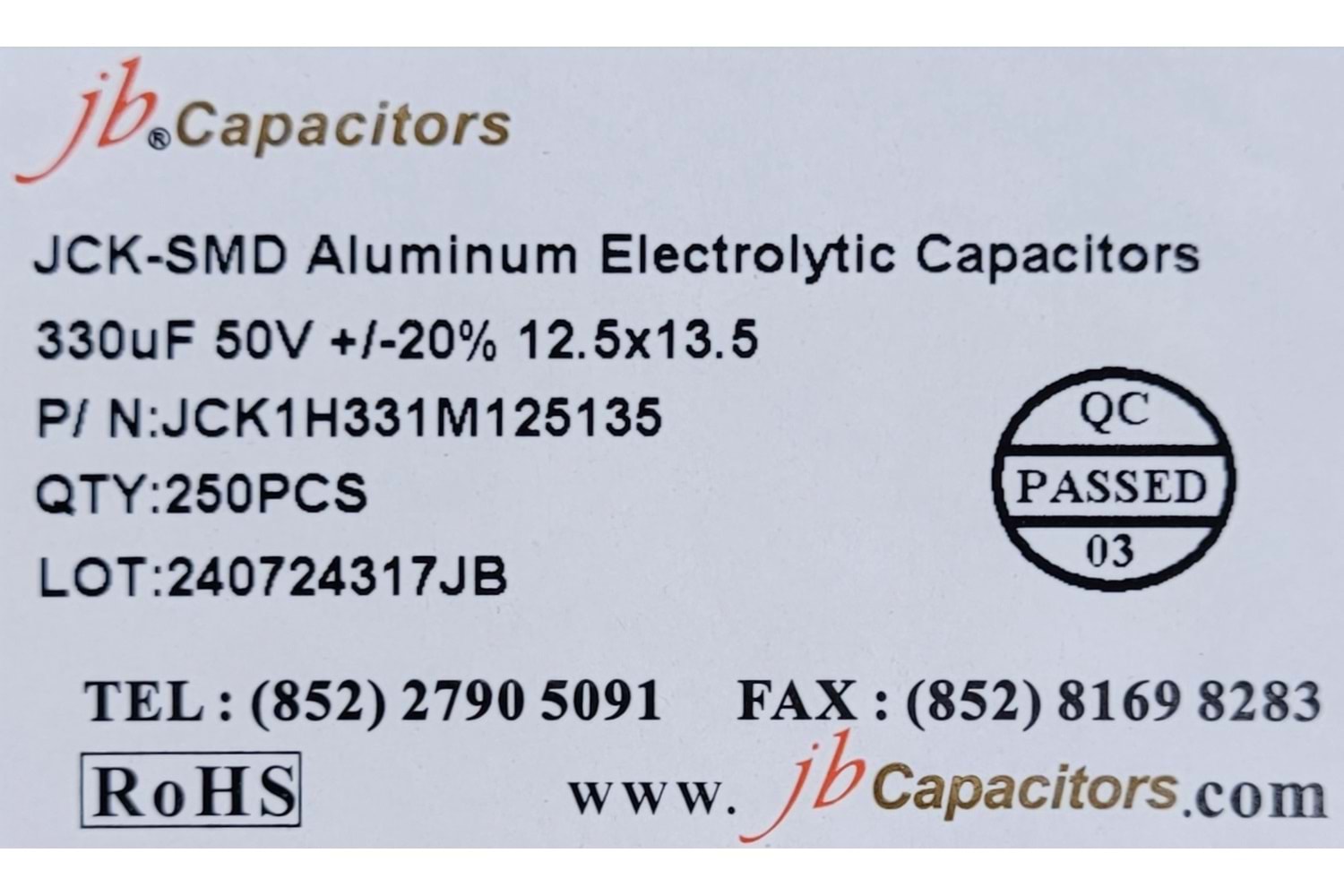 JCK1H331M125135 - 330uF 50V +/-20% 12.5*13.5mm 105' T/R RoHS SMD Aluminum Electrolytic Capacitors