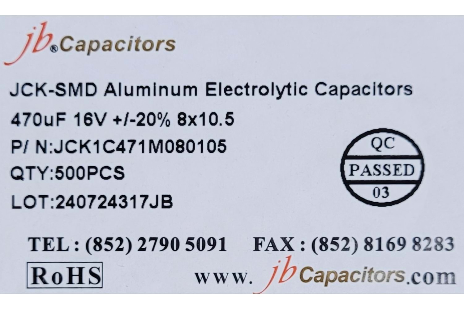 JCK1C471M080105 - 470uF 16V +/-20% 8*10.5mm 105' T/R RoHS SMD Aluminum Electrolytic Capacitors