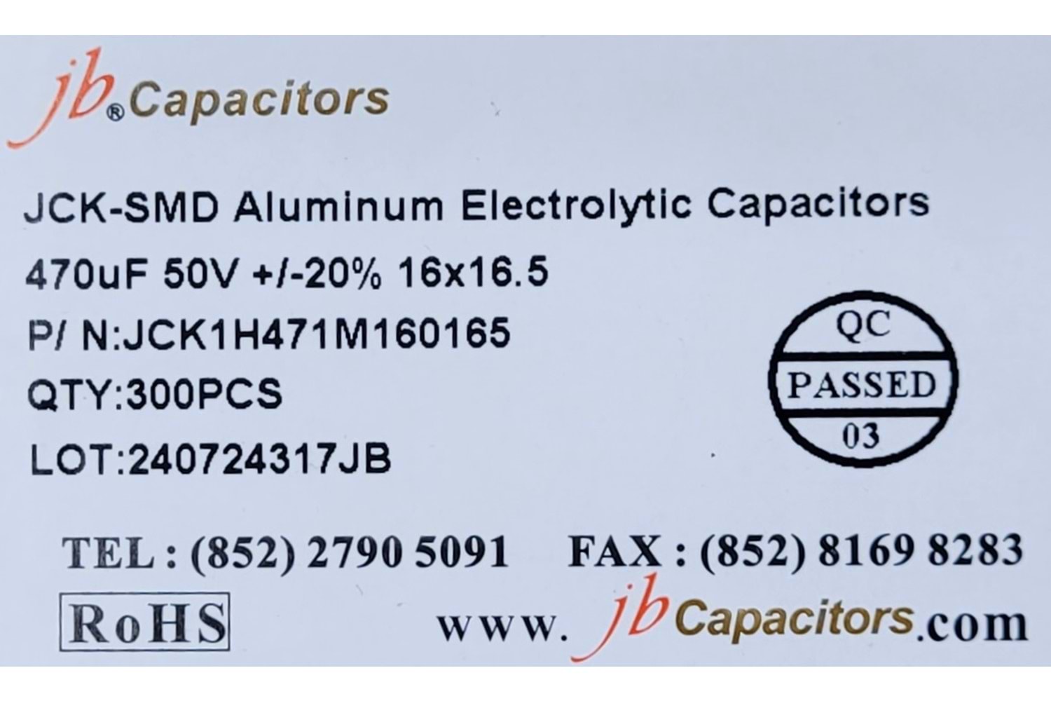 JCK1H471M160165 - 470uF 50V +/-20% 16*16.5mm 105' T/R RoHS SMD Aluminum Electrolytic Capacitors