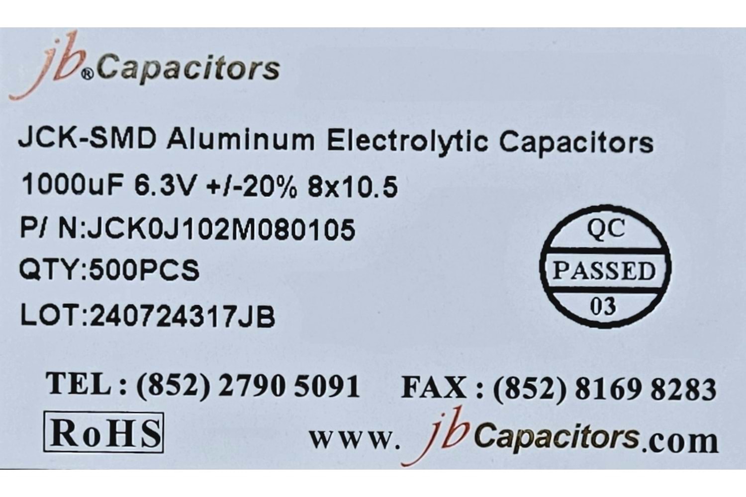 JCK0J102M080105 - 1000uF 6.3V +/-20% 8*10.5mm 105' T/R RoHS SMD Aluminum Electrolytic Capacitors