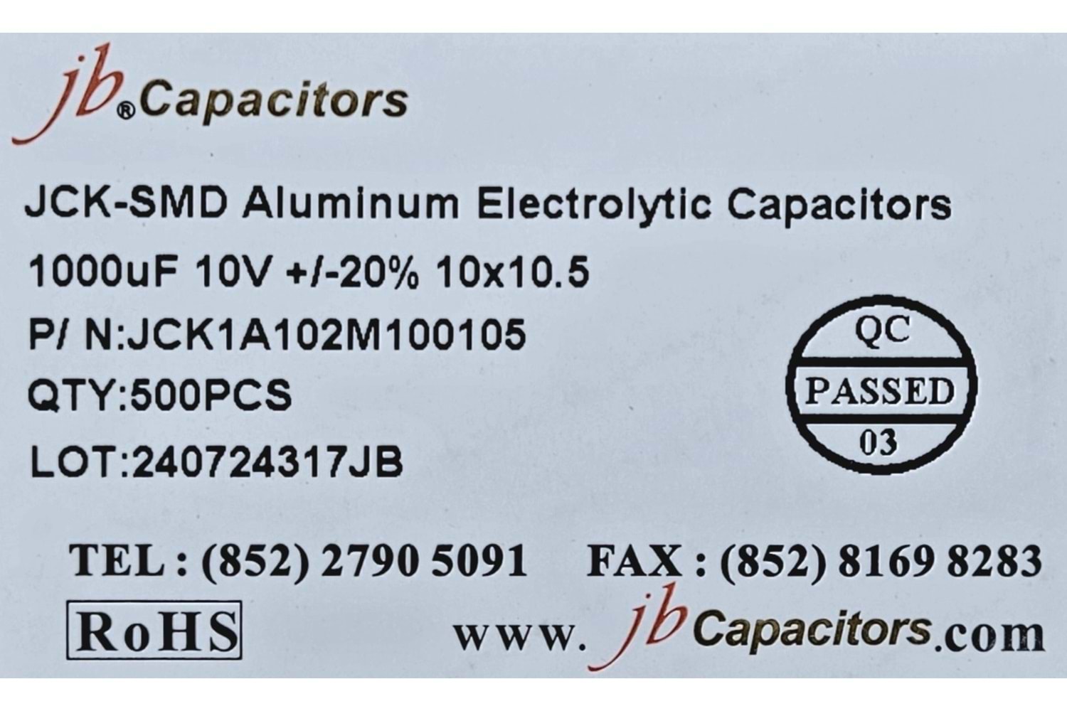 JCK1A102M100105 - 1000uF 10V +/-20% 10*10.5mm 105' T/R RoHS SMD Aluminum Electrolytic Capacitors