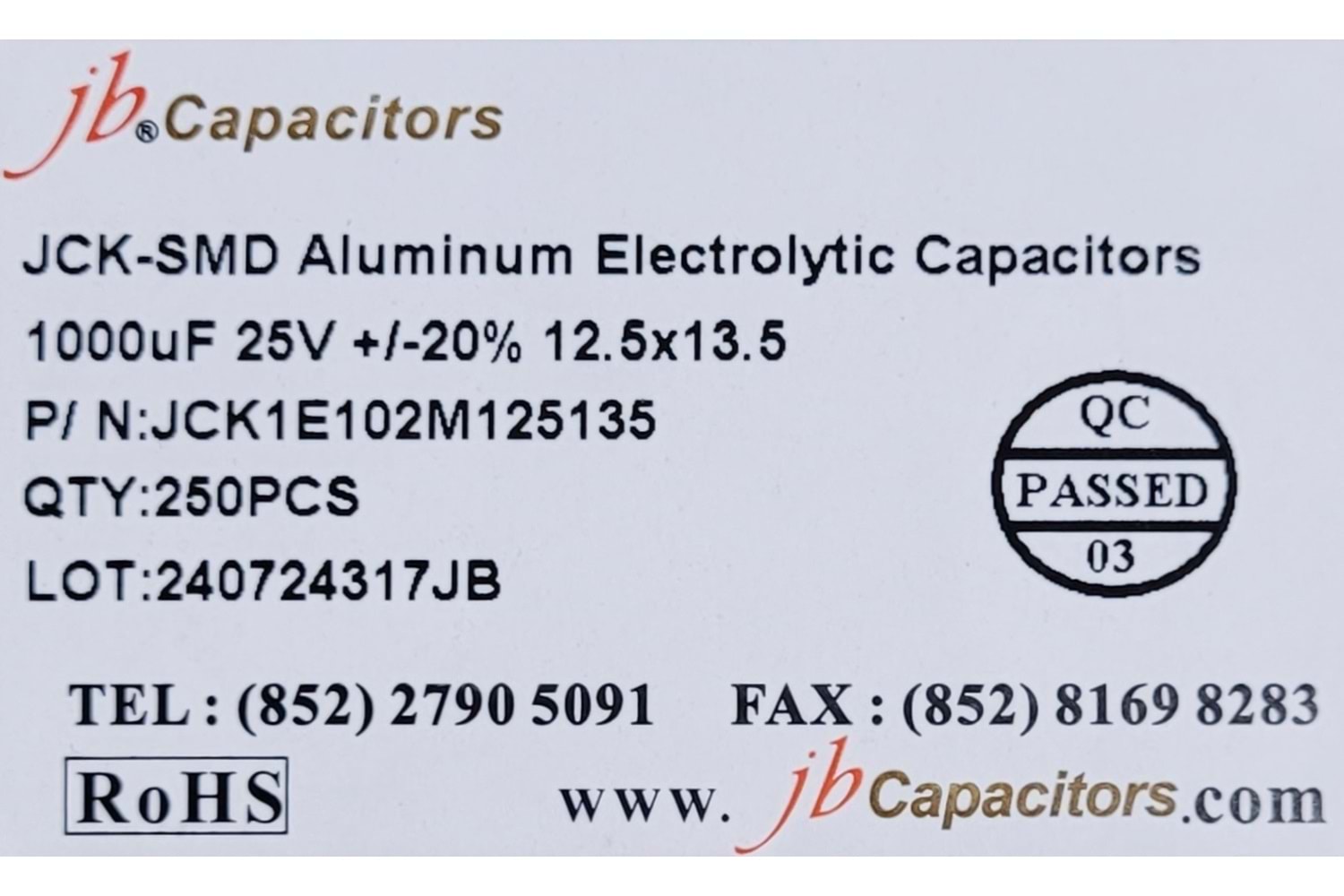 JCK1E102M125135 - 1000uF 25V +/-20% 12.5*13.5mm 105' T/R RoHS SMD Aluminum Electrolytic Capacitors