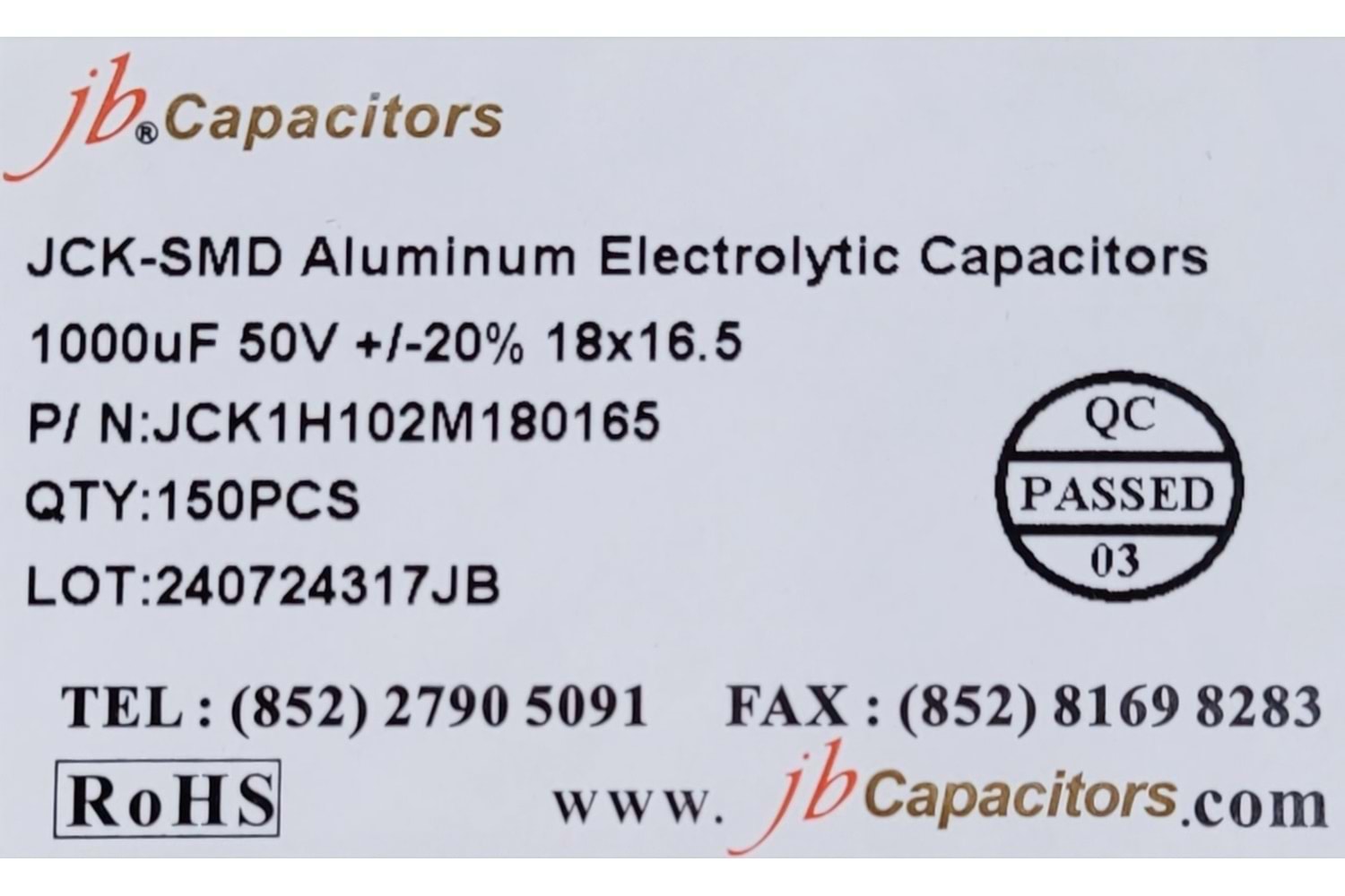 JCK1H102M180165 - 1000uF 50V +/-20% 18*16.5mm 105' T/R RoHS SMD Aluminum Electrolytic Capacitors